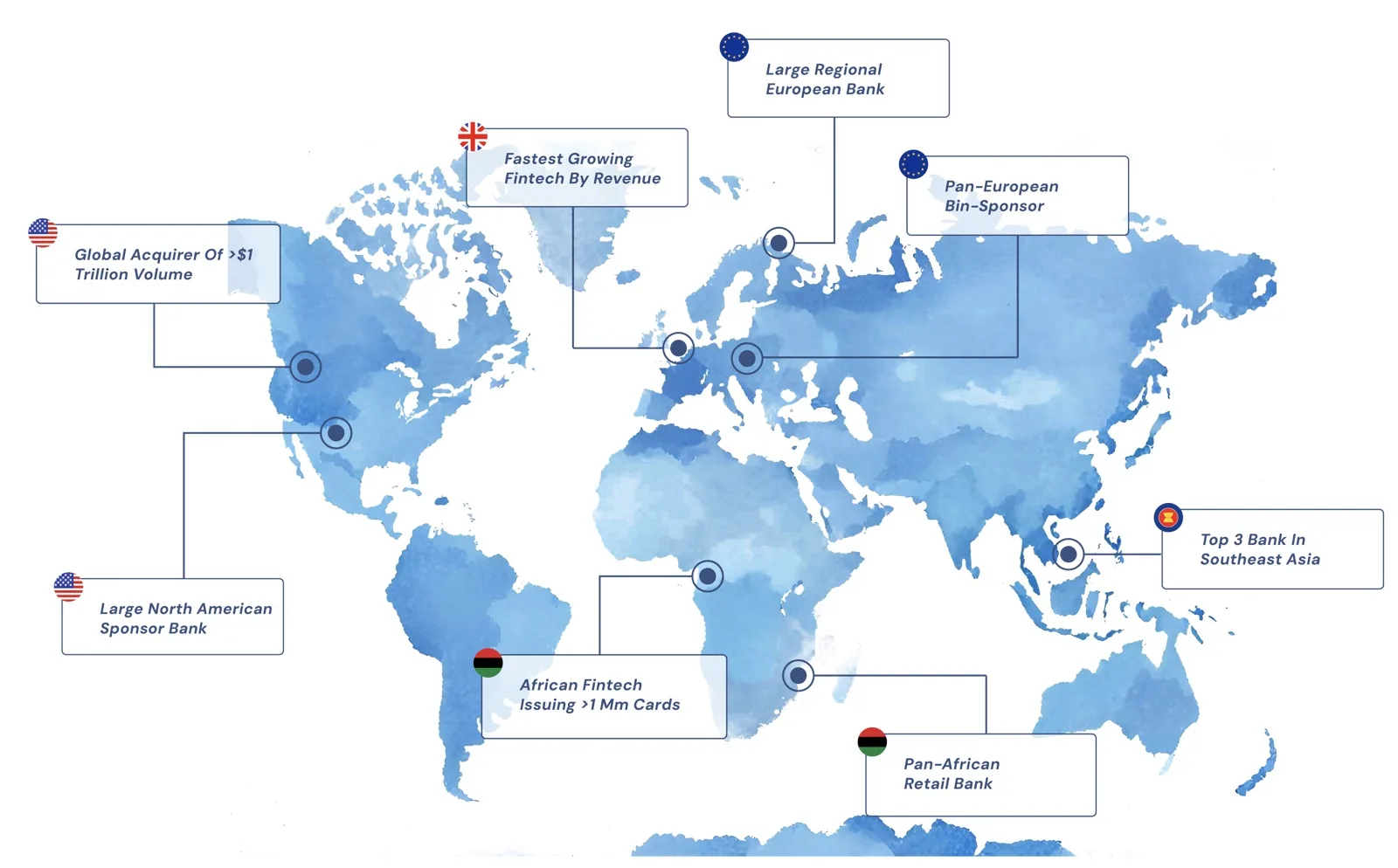 World map showing CardTraq's global client engagements. Specific locations listed below.