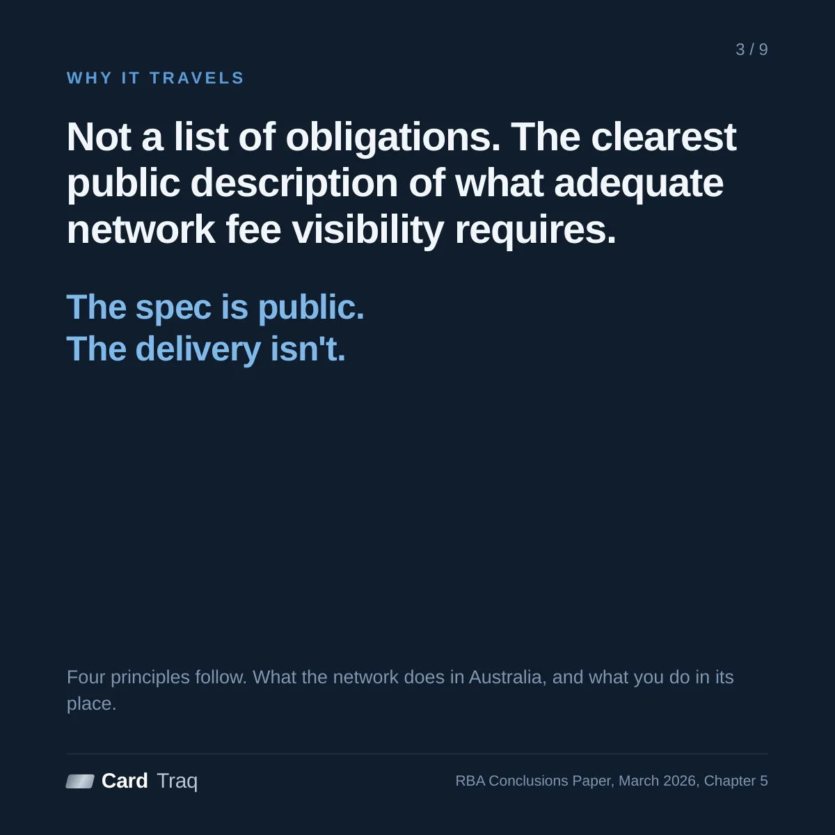 Why it travels: not a list of obligations but the clearest public description of what adequate network fee visibility requires. The spec is public; the delivery isn't. Four principles follow.