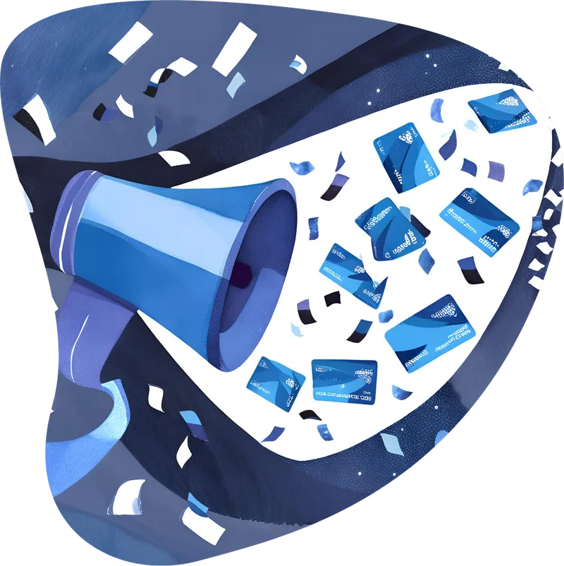 Illustration of a blue megaphone surrounded by scattered paper, representing the overwhelm of incoming network bulletins.
