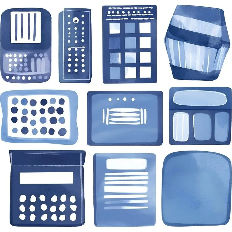Various blue calculators in different shapes and sizes, representing pricing model analysis.