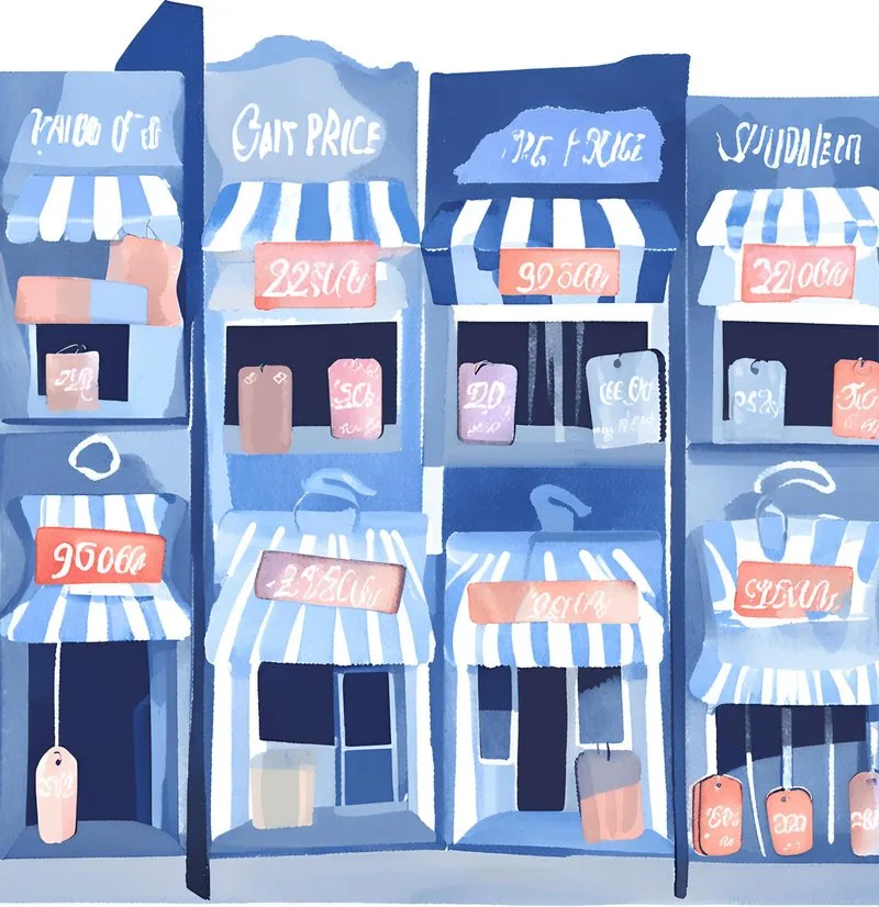 Row of blue and white storefronts with awnings and shopping bags, representing merchant pricing.
