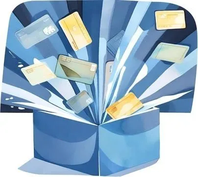 Digital credit and debit cards flying into an open box, representing network incentive deal evaluation.