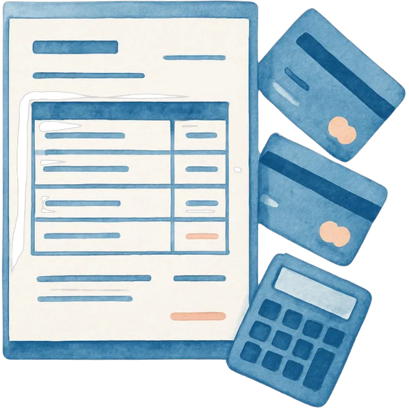 Watercolor illustration of an itemized billing statement, credit cards, and a calculator, representing merchant pass-through review.