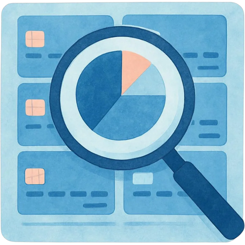 Watercolor illustration of a magnifying glass over a grid of credit cards with a pie chart visible, representing portfolio profitability analysis.