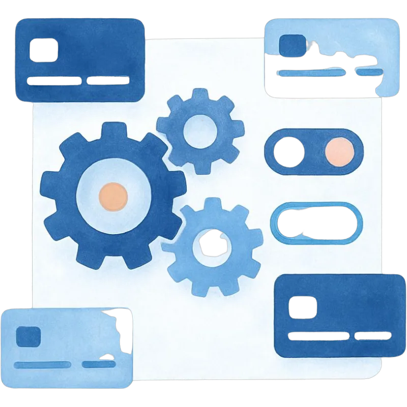 Watercolor illustration of gears, toggle switches, and credit cards, representing interchange configuration support.